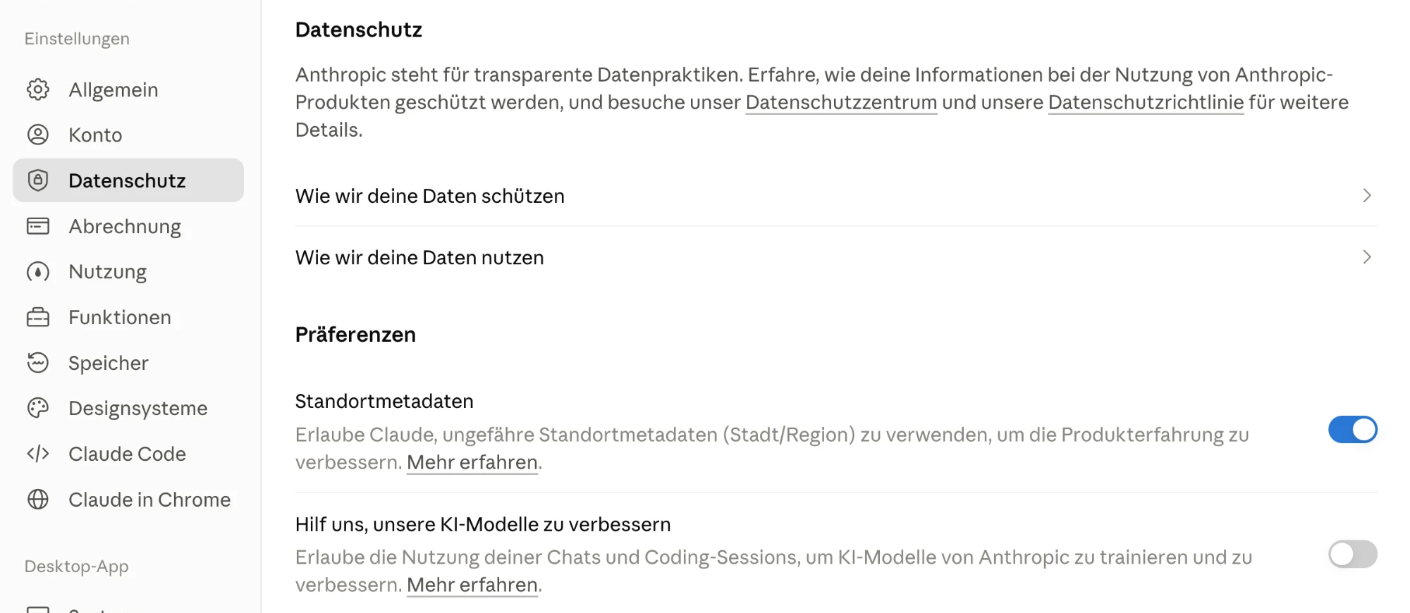 Datenschutz-Einstellungen in Claude mit dem Schalter „Hilf uns, unsere KI-Modelle zu verbessern", ausgeschaltet