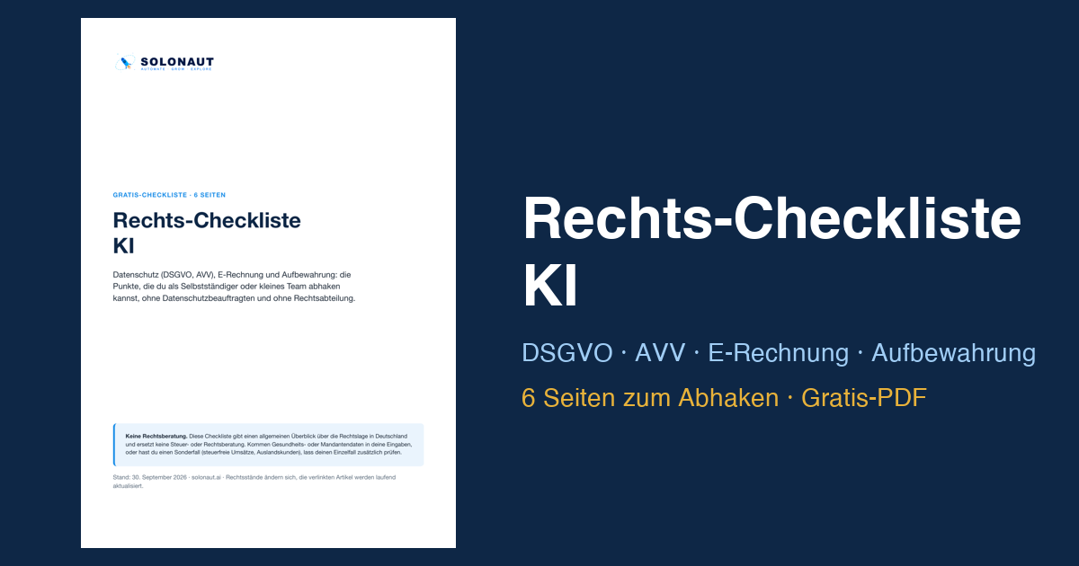 Rechts-Checkliste KI: Deckblatt des Gratis-PDFs zu DSGVO, AVV, E-Rechnung und Aufbewahrung