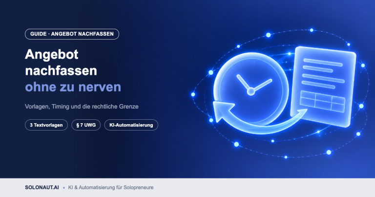 Angebot nachfassen: leuchtendes Angebotsdokument mit Uhr und Nachfass-Pfeil