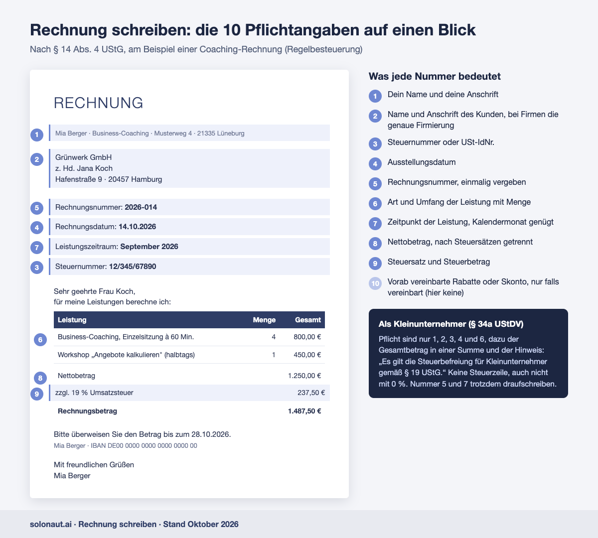 Musterrechnung mit nummerierten Pflichtangaben nach § 14 UStG: Rechnung schreiben Schritt für Schritt