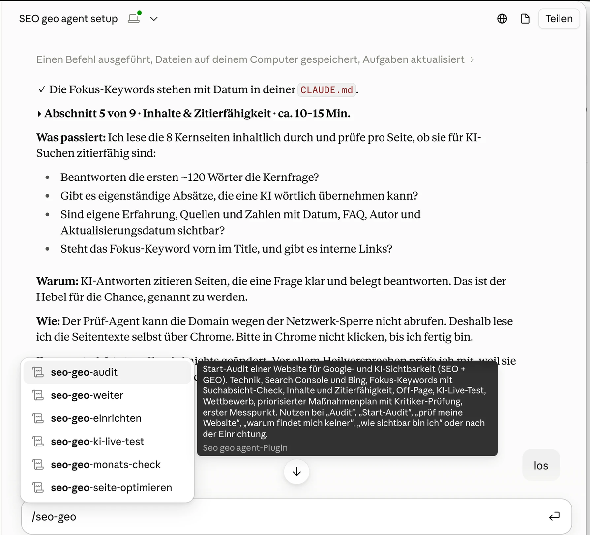 Ein Start-Audit im SEO- und GEO-Agenten: Abschnitt 5 von 9 mit Inhalten und Zitierfähigkeit