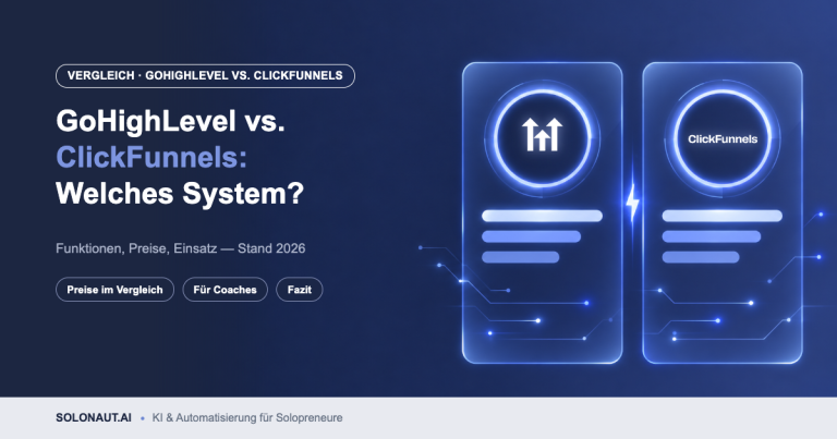 GoHighLevel vs. ClickFunnels: Vergleich mit zwei Glas-Karten und den Logos beider Tools