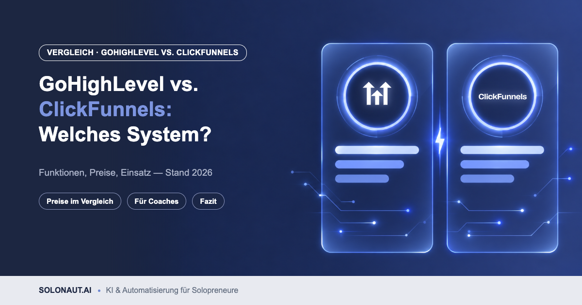 GoHighLevel vs. ClickFunnels: Vergleich mit zwei Glas-Karten und den Logos beider Tools