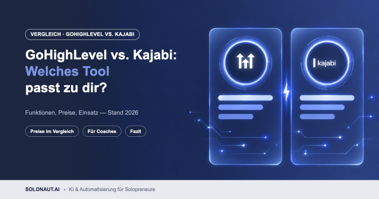 GoHighLevel vs. Kajabi: Vergleich mit zwei Glas-Karten und den Logos beider Tools