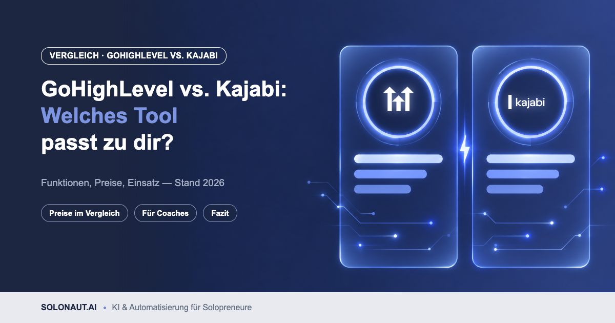 GoHighLevel vs. Kajabi: Vergleich mit zwei Glas-Karten und den Logos beider Tools