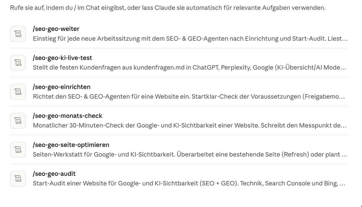 Die sechs Befehle des SEO- und GEO-Agenten in Claude Cowork